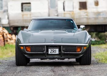 1972 Corvette Stingray LT-1 full frontal staic in front of old train carriage