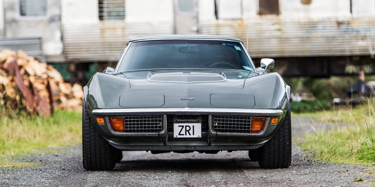 1972 Corvette Stingray LT-1 full frontal staic in front of old train carriage