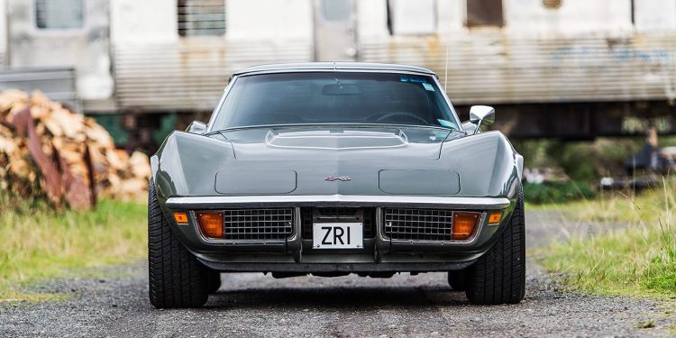 1972 Corvette Stingray LT-1 full frontal staic in front of old train carriage