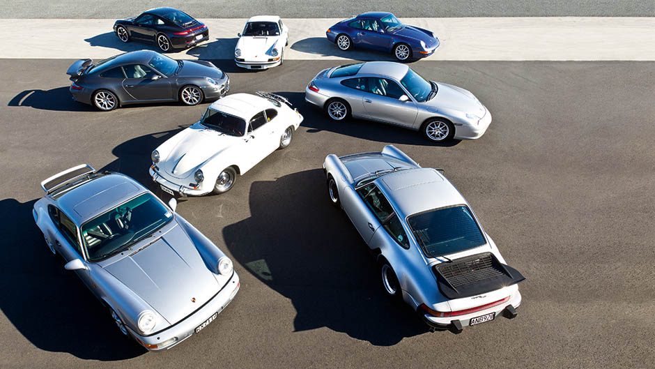 Group shot of Porsche 911s