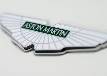Aston Martin badge close up view