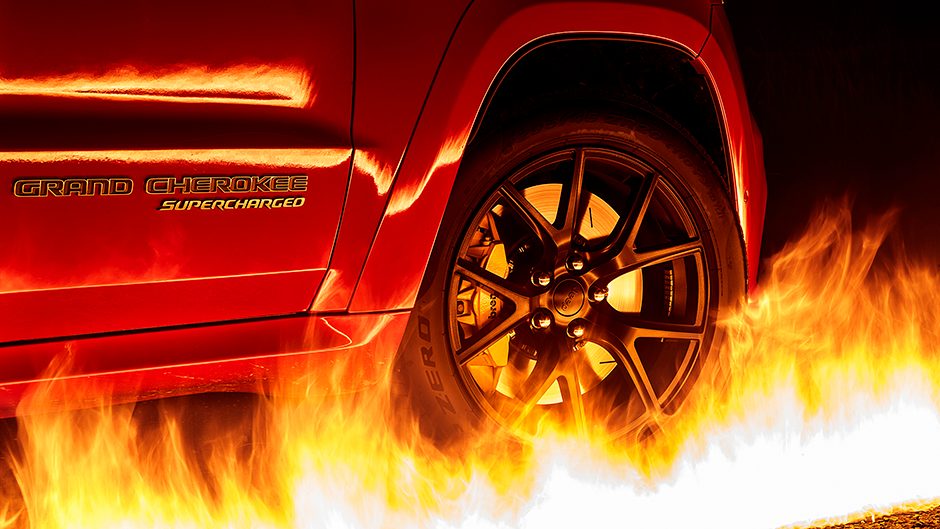 2018 Jeep Grand Cherokee Trackhawk wheel with flames in foreground