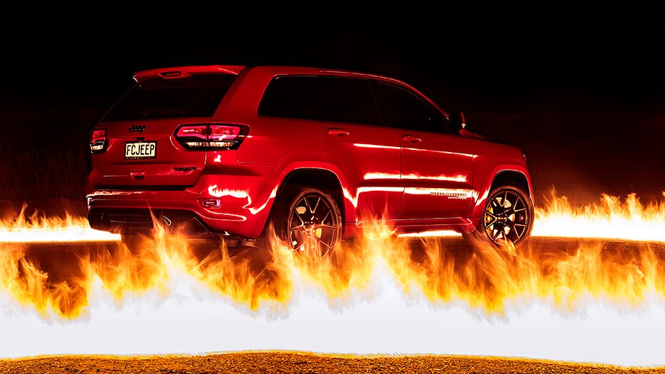2018 Jeep Grand Cherokee Trackhawk with flames in foreground