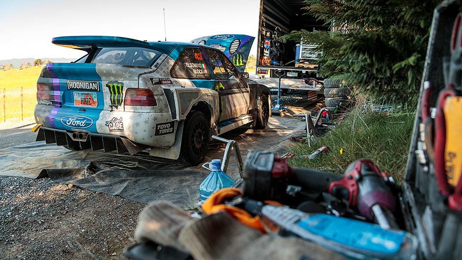 Ford Cosworth rally car roadside maintenance