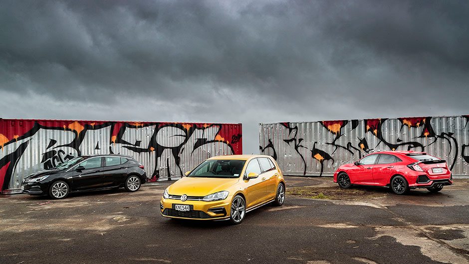 Holden Astra RS-V vs Honda Civic RS vs VW Golf TSI R-Line group shot