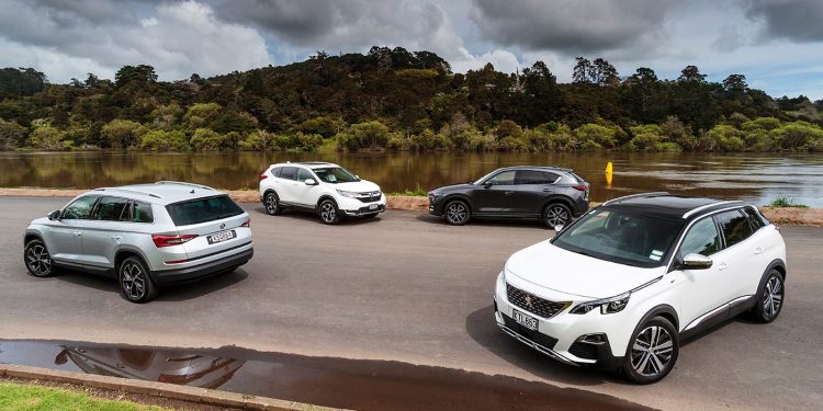 Honda CR-V vs Skoda Kodiaq vs Mazda CX-5 vs Peugeot 3008 beside river