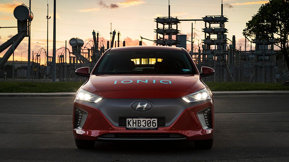 2017 Hyundai Ioniq EV parked in front of electric sub station