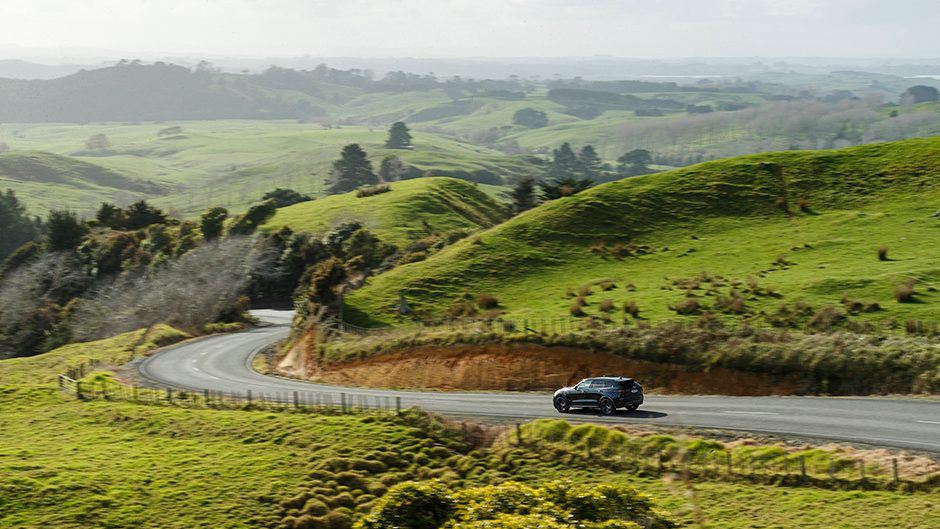 2021 Jaguar F-Pace SVR driving downhill