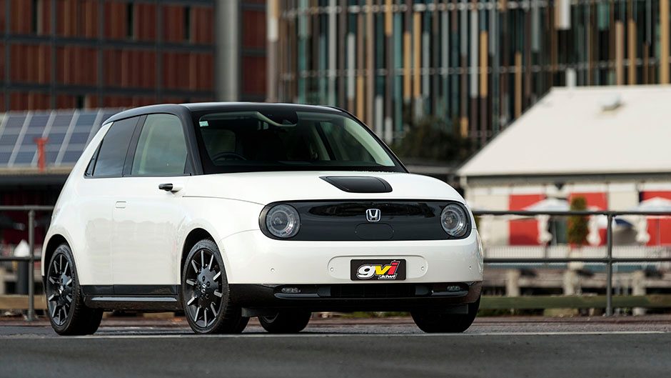 Honda e front three quarter view