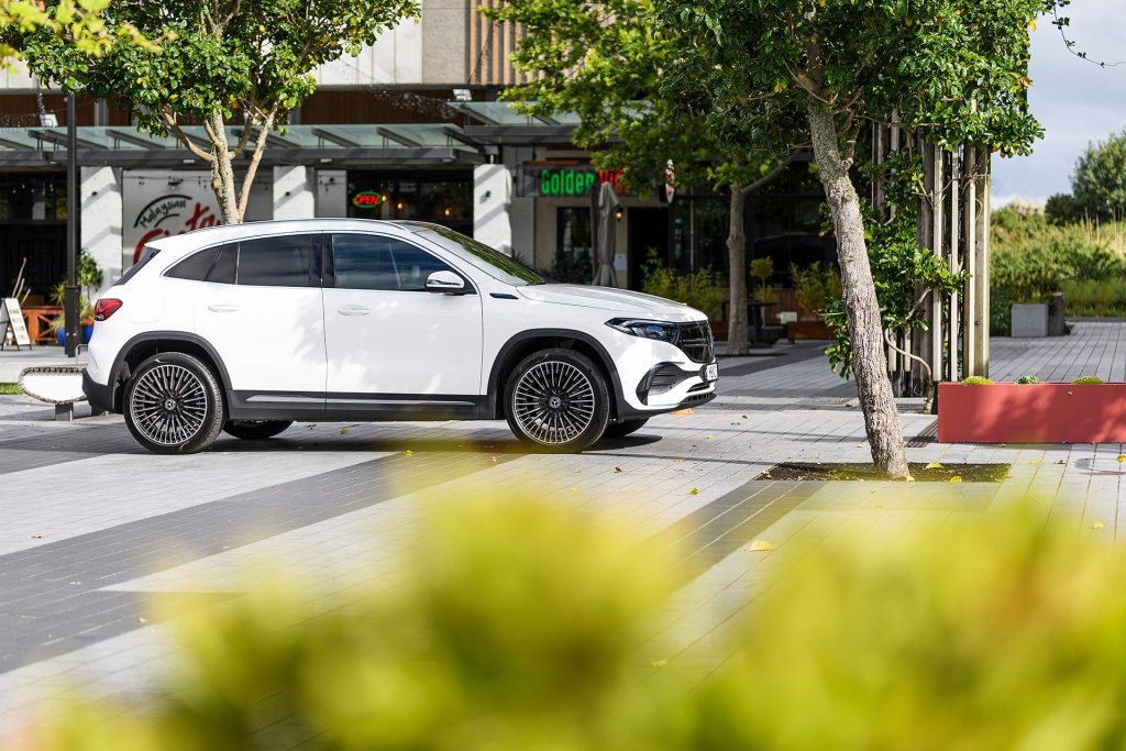 2021 Mercedes-Benz EQA 250 parked in front of shops