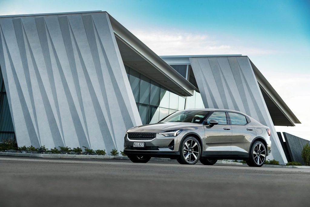 Polestar 2 front three quarter view by building