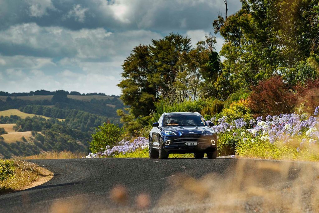 2022 Aston Martin DBX driving past flowers and hills