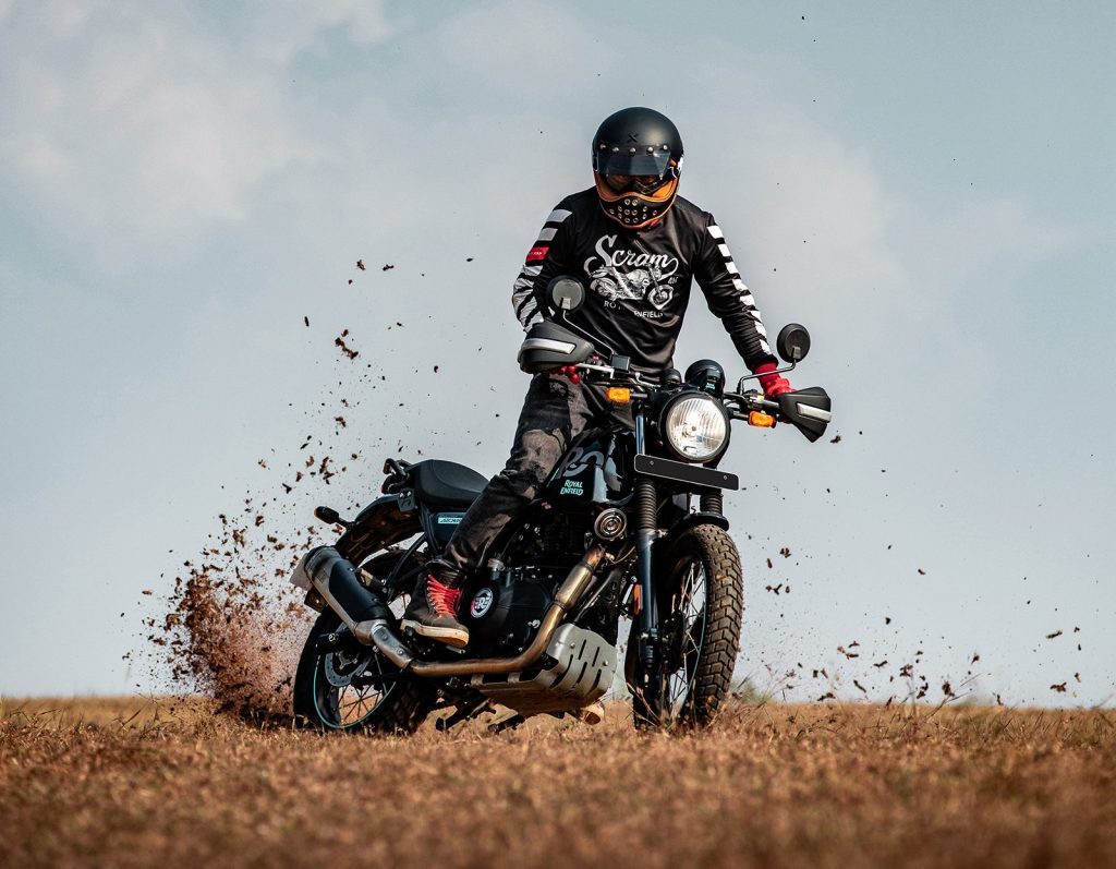 Royal Enfield Scrambler tearing up grass