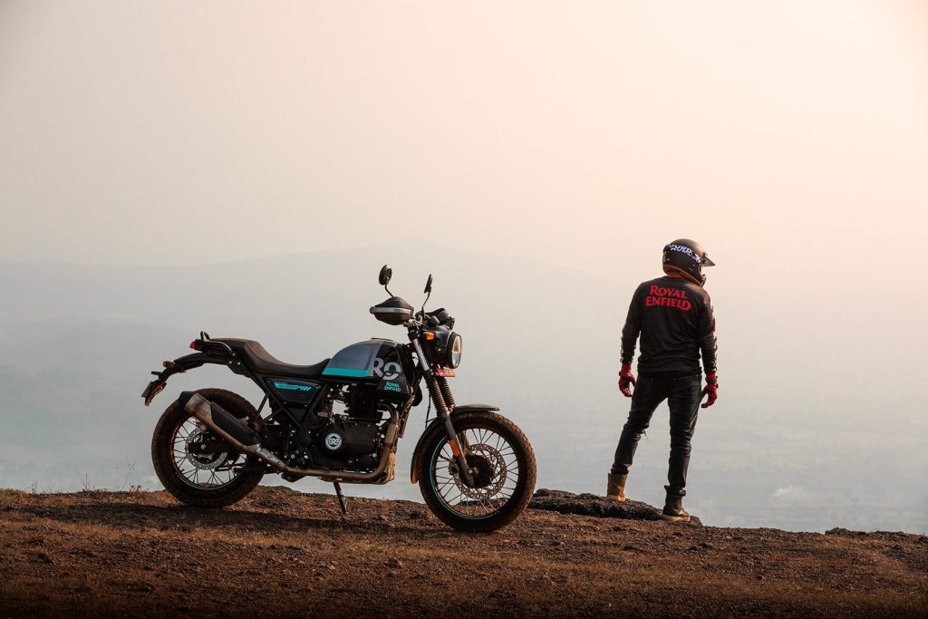 Royal Enfield Scrambler on top of mountain