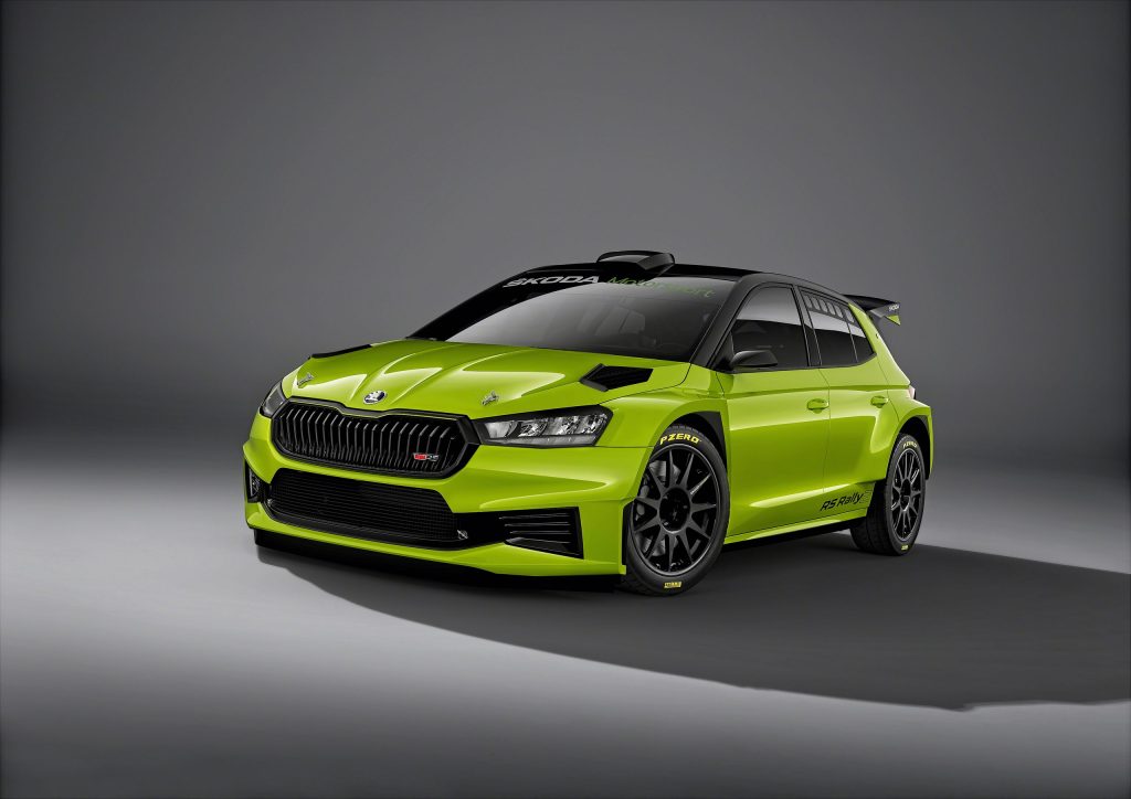 Skoda Fabia RS Rally2 front three quarter view in studio