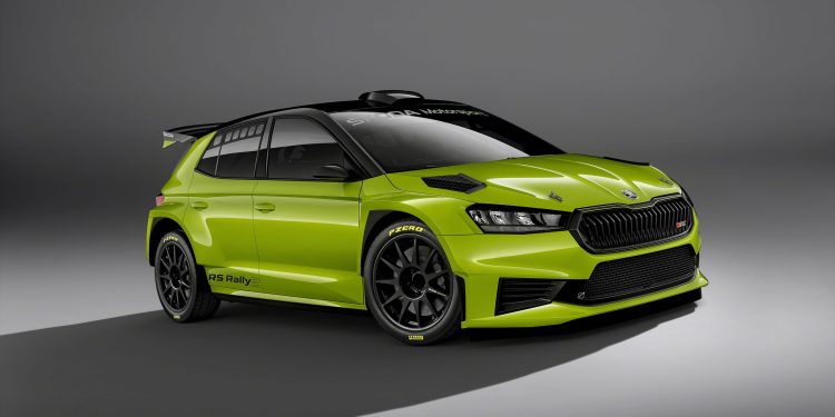 Skoda Fabia RS Rally2 front three quarter shot in studio