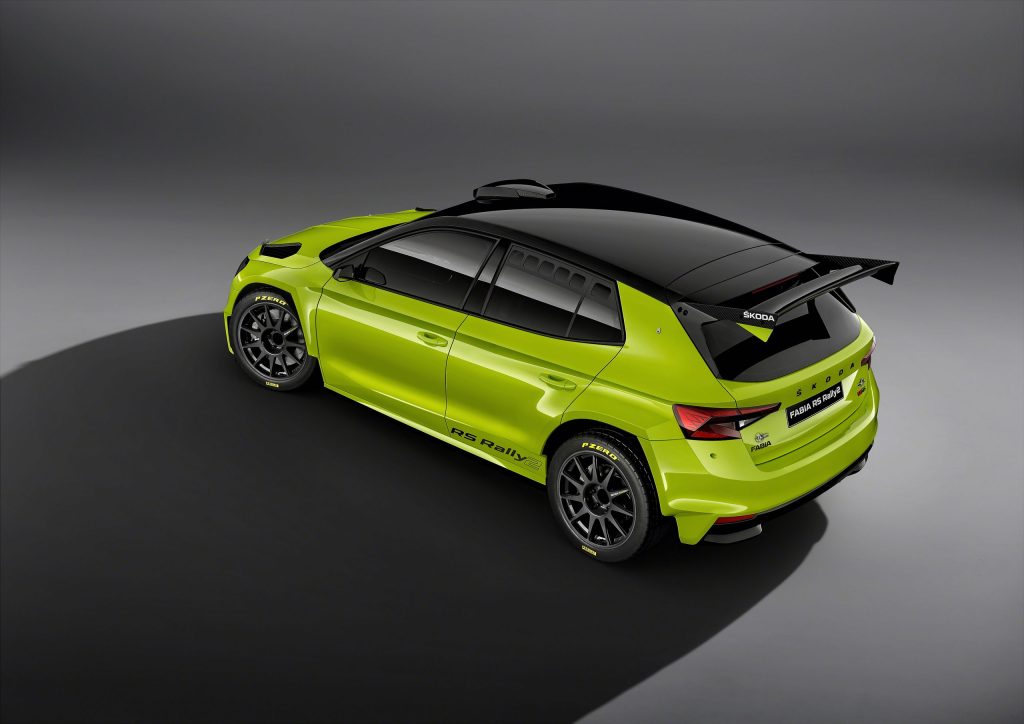 Skoda Fabia RS Rally2 high three quarter shot in studio