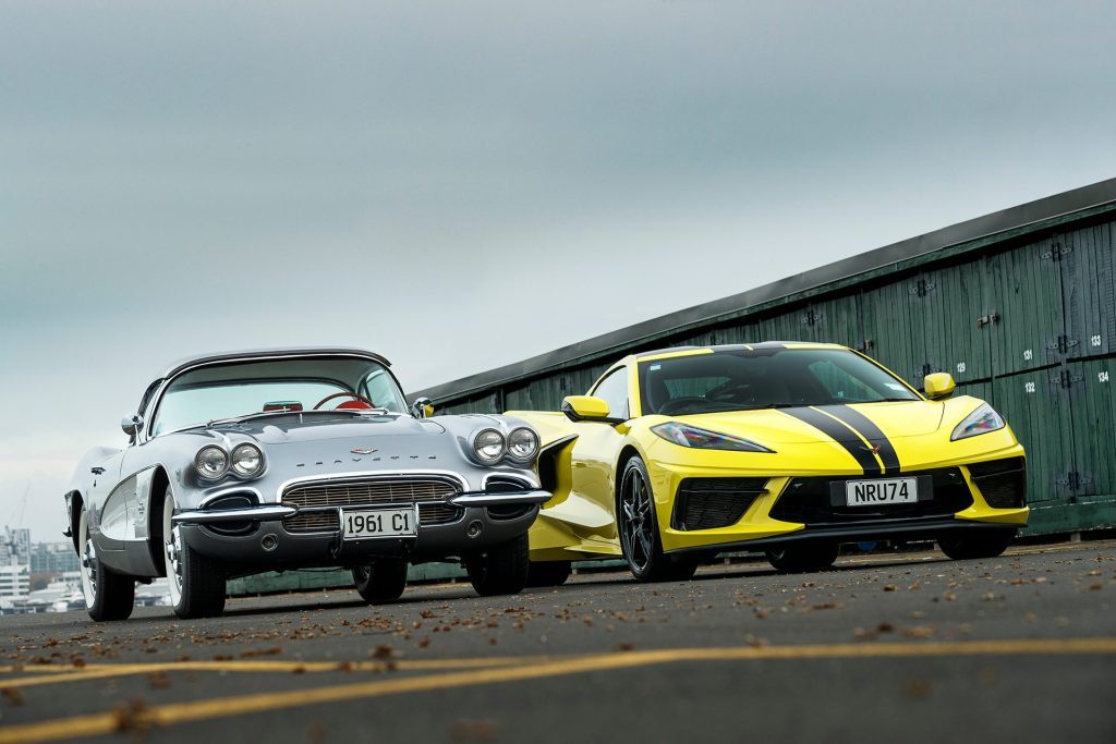Silver Corvette C1 and yellow C8