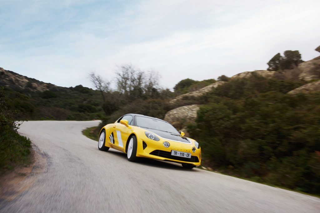 Alpine A110 Tour De Corse 75 on winding road