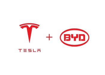 Tesla and BYD logos