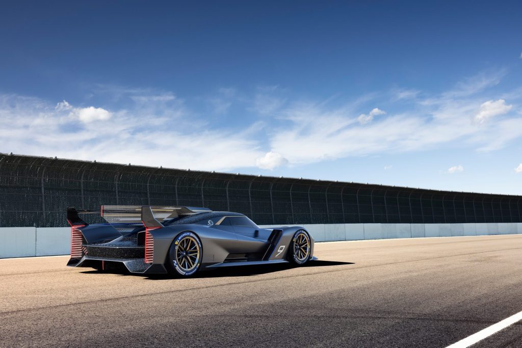 Cadillac Project GTP Hypercar rear three-quarter view along wall