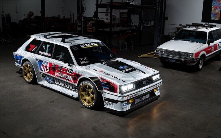 Hoonigan Subaru GL wagon in garage