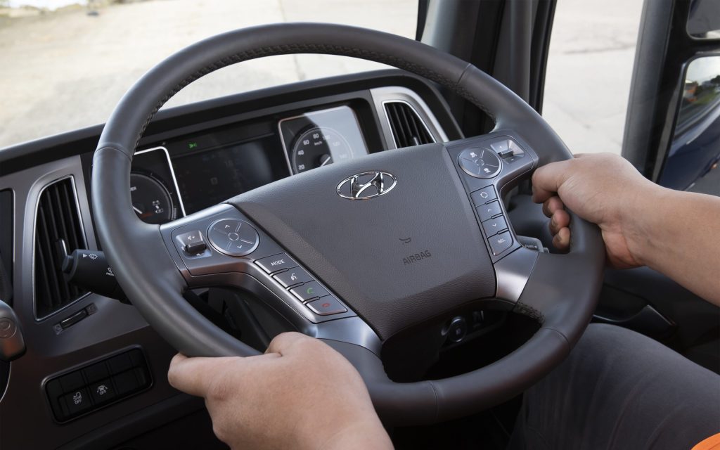 Hyundai Xcient hydrogen-powered fuel cell electric truck steering wheel