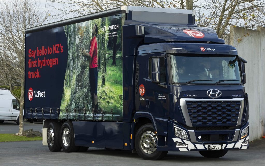 Hyundai Xcient hydrogen-powered fuel cell electric truck front three quarters