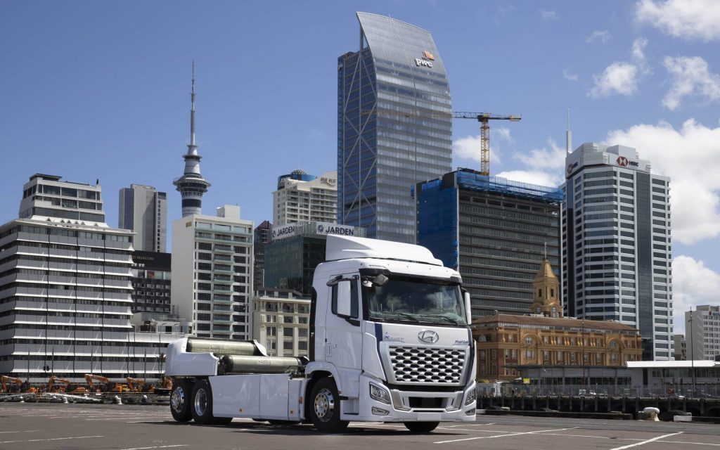 Hyundai Xcient hydrogen-powered fuel cell electric truck front three quarters