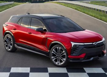 Chevrolet Blazer EV SUV front three quarters on racetrack