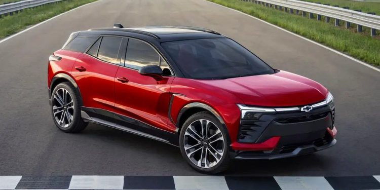 Chevrolet Blazer EV SUV front three quarters on racetrack