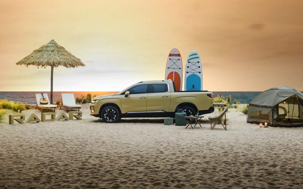 Geely Radar RD6 dual-cab electric ute side on beach