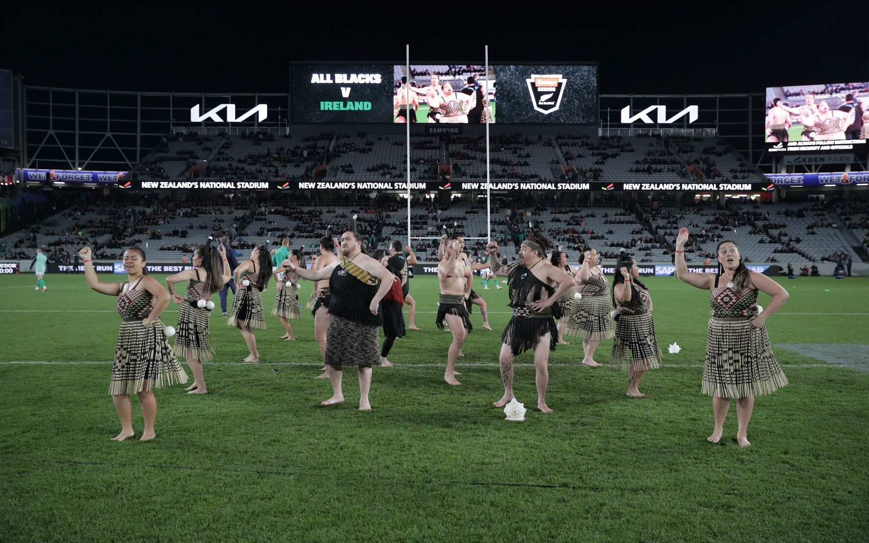 Maori haka being performed at Eden Park All Blacks rugby game with Kia sponsorship