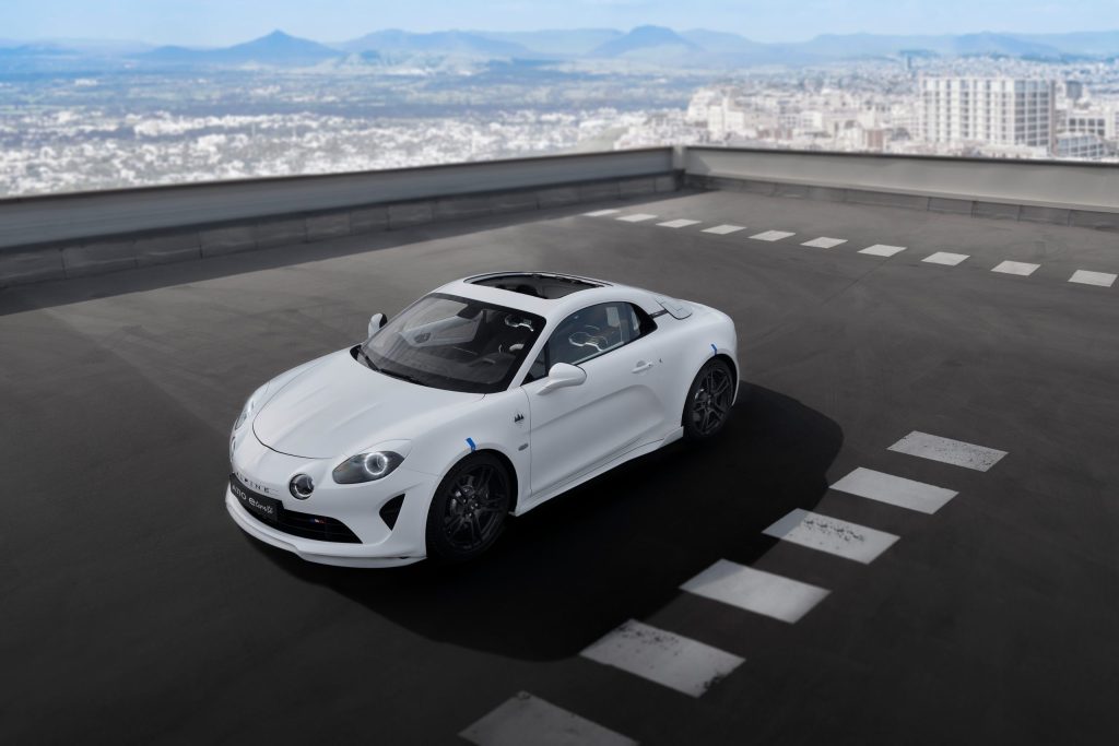 Alpine A110 E-ternite EV prototype front three quarters on parking building roof