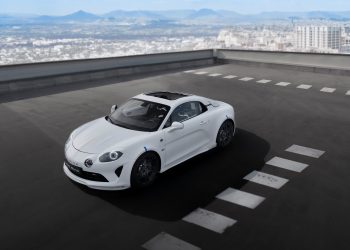 Alpine A110 E-ternite EV prototype front three quarters on parking building roof