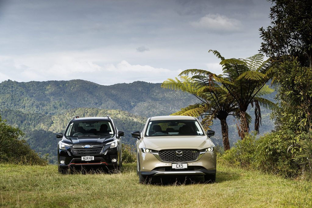 Mazda CX-5 Activ vs Subaru Forester X-Sport on hilltop