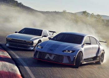 Hyundai N concept cars RN22e and N Vision 74 drifting around corner