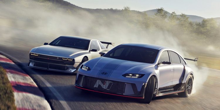 Hyundai N concept cars RN22e and N Vision 74 drifting around corner