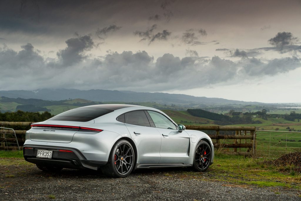 2022 Porsche Taycan GTS rear static on hilltop