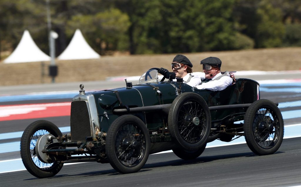 Sebastian Vettel driving 1922 Aston Martin TT1 Green Pea around Circuit Paul Ricard with Johnny Herbert