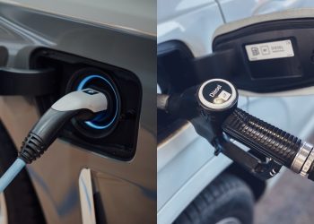 Electric vehicle charger next to diesel pump collage