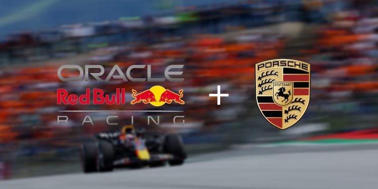 Red Bull Racing and Porsche logo over blurred background image of RB18 Formula 1 car in Austria