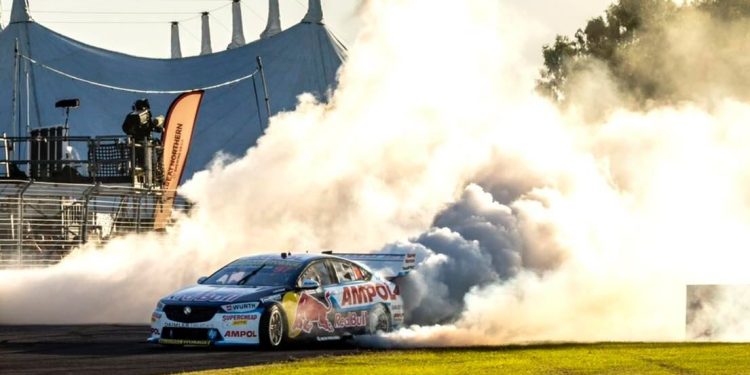 Shane van Gisbergen Red Bull Racing #97 Holden Commodore burnout after winning Townsville Supercars race 19