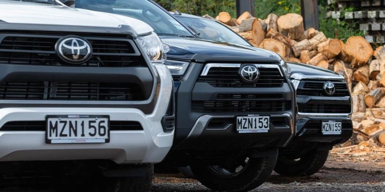 Row of Toyota Hiluxes in forest