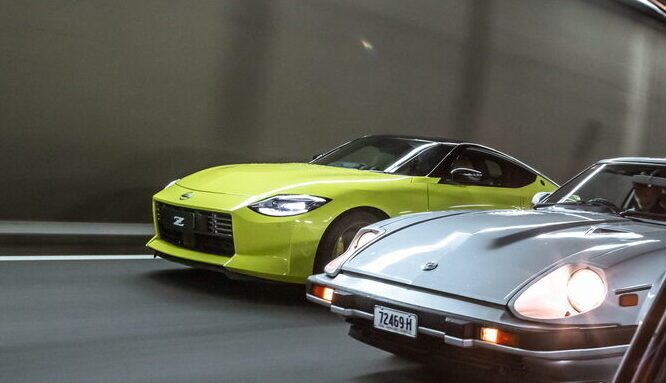 Nissan Z Proto driving with Nissan 280ZX front view from Nissan 240Z