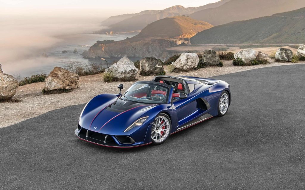 Hennessey Venom F5 Roadster front three quarter view along coastal cliff