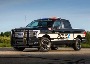 Ford F-150 Lightning Pro SSV police truck front three quarter view