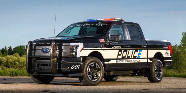 Ford F-150 Lightning Pro SSV police truck front three quarter view