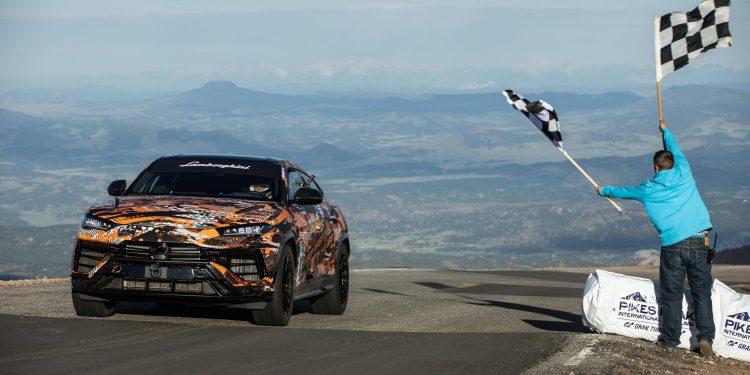 Lamborghini Urus crossing finish line at Pikes Peak International Hill Climb