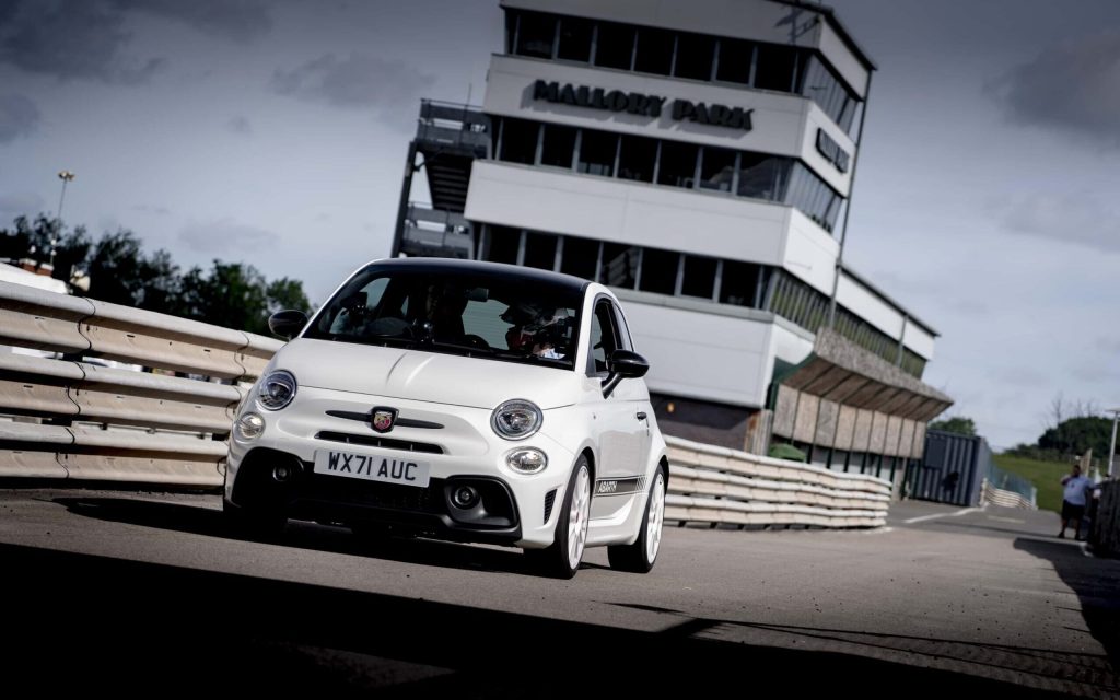 Abarth front three quarter view on track